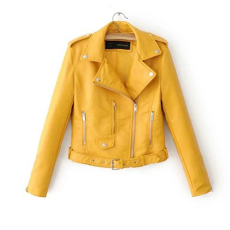 Soild Color Leather Jacket Women Fashion Bright Colors Black Motorcycle Coat Short Faux Leather Biker Jacket Soft Female Tops