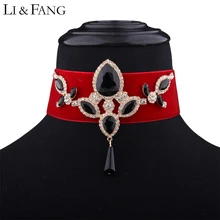 Li & Fang Brand 2017 Rhinestone Choker Necklace Resin Bohemian Maxi Red Velvet Belt Crystal Black Tassel Pendant Necklaces Women