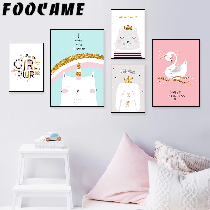 

FOOCAME Sweet Rabbit Unicorn cat Cartoon Poster Wall Art Print Canvas Painting Nursery Decoration Pictures Baby Room Bedroom