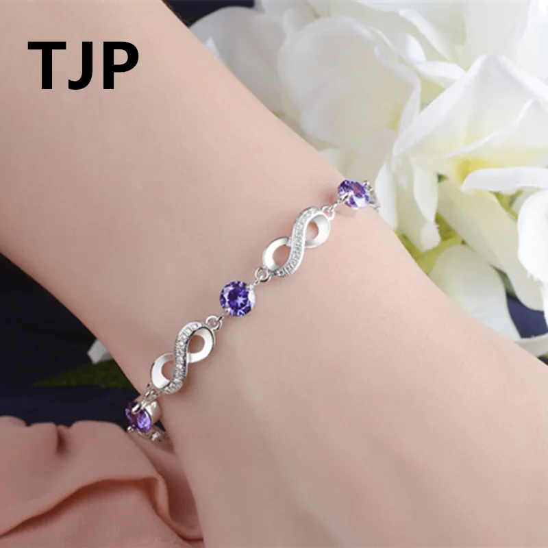 

TJP Fashion Round Purple Crystal Women Bracelet Jewelry 925 Sterling Silver Bangle Shining Zircon Stones Around Dropshipping