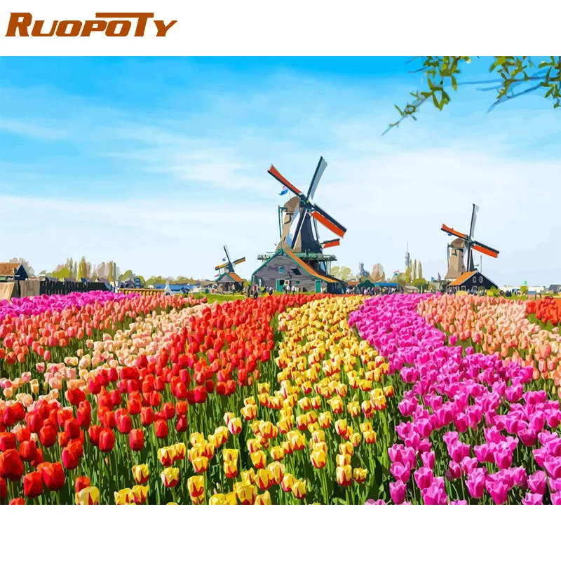 RUOPOTY Frame Diy Painting By Numbers Windmill Flowers Kit Acrylic Paint By Numbers Canvas Painting For Home Decors Unique Gift - Цвет: 190708-4