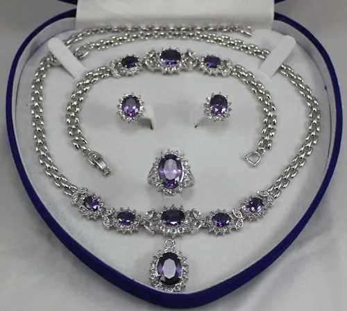 

2 choices wholesale new purple crystal 10*14mm ring(#7.8.9) 18" chain pendant necklace stud earrings &bracelet jewelry set002