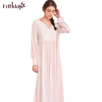 

Fdfklak 2019 new sweet nightgowns women v-neck lace long nightdress female sleepwear dress loose nightgown ladies nightshirt