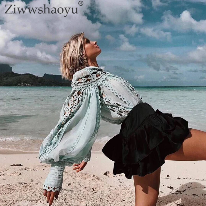 

Ziwwshaoyu Sexy Hollow Out Blouse Stand Beading Lingge Carved Vacation Party cotton top Spring and summer new women