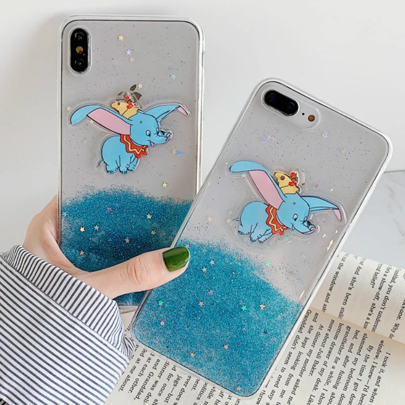 

3D Bling Glitter Cute Cartoon Case For iPhone 6 6S 7 8 Plus Dumbo Fly Elephant Soft TPU Blue Sequins Case For X XS MAX XR Cover