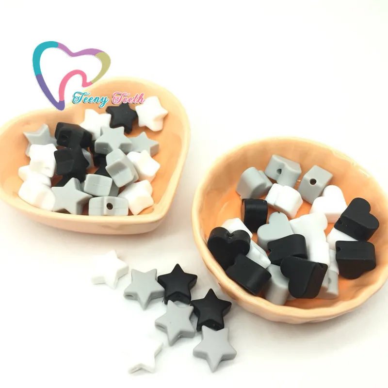

Teeny Teeth 50PCS Monochrome Colors Black White Heart&Star Silicone Beads DIY Baby Teething Creative Silicone Beads Combination