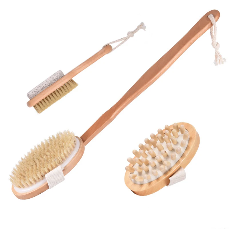 Dry Brush 100% Natural Bristles & Wooden Handle Body Exfoliation Skin Beauty Brush with Air Cushion Massager & Pumice Stone