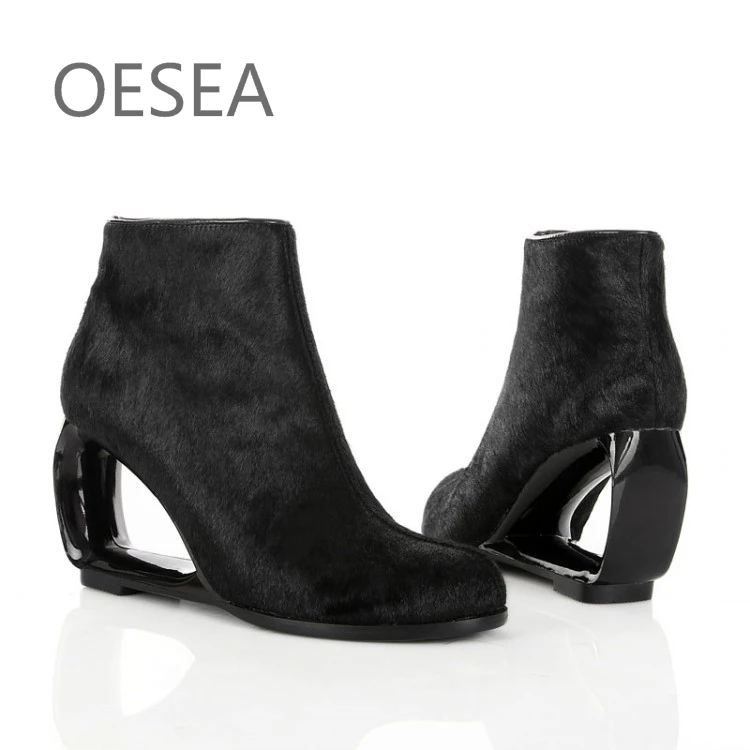 

women boots European and American fashion casual black pure horsehair breathable genuine leather wedge boots Martin