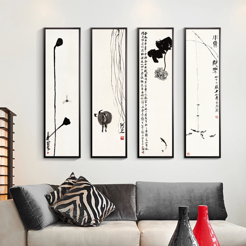 Modernen chinesischen tuschmalerei stil leinwand kunstdruck malerei poster von lotus und fische durch qi baishi