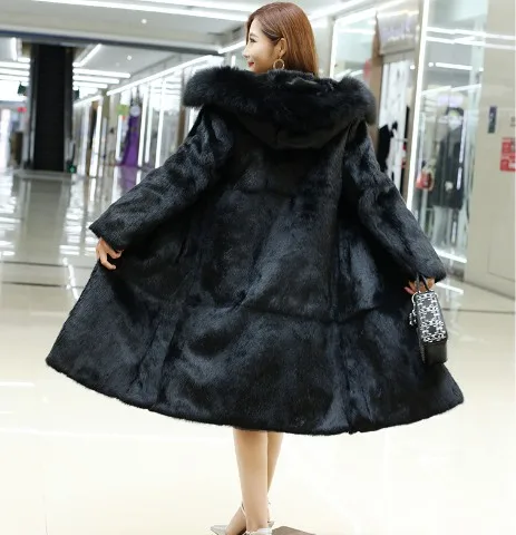 

Hooded Female Pure 100% True Genuine Rabbit Fur Coat with Fur Hood and Luxury Natural Fox Fur Collar Customize Plus Size F1975