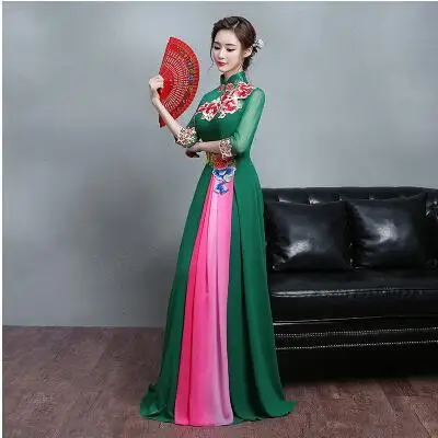 Лидер продаж, синее модное платье qipao, античная Летняя униформа, китайские вышитые красные свадебные платья - Цвет: Зеленый