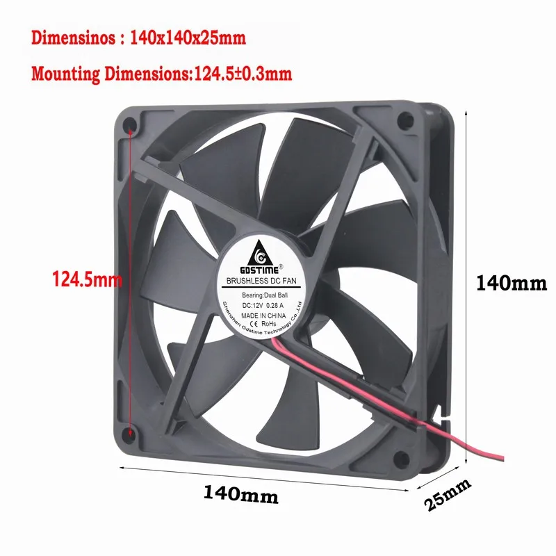 5 шт. Gdstime 14 см DC 12 В 140x140x25 мм шарикоподшипник высокоскоростной компьютер чехол