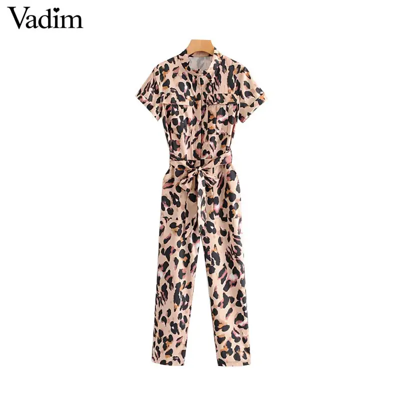 

Vadim women leopard print jumpsuits short sleeve bow tie sashes animal pattern pockets rompers female chic long playsuits KA793