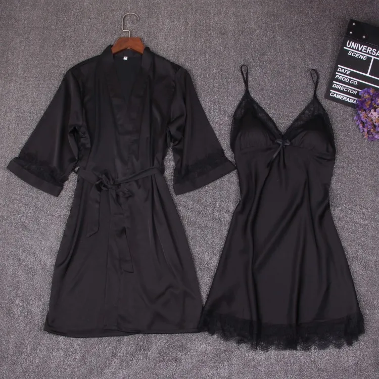 Kaufen Herbst Frauen Nachthemd Sets 2 Stück Nachthemd Bademantel Mit Brust Pad Weibliche Satin Kimono Bad Kleid Nachtwäsche Rosa Roben Anzug