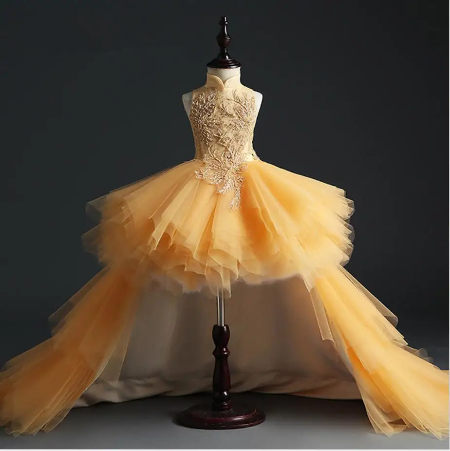 Vestido de Baile Vestido da Menina de Flor para Casamentos Glizt Longo Trailing Ouro Renda Primeiro Comunhão Vestido Contas Tule Meninas Pageant