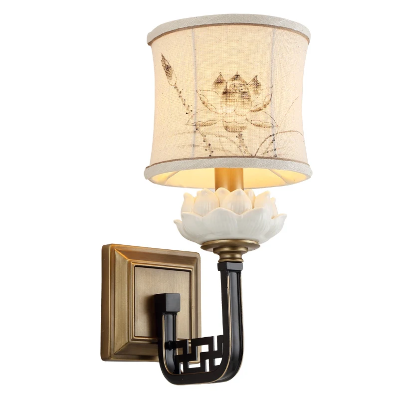 

Modern Chinese 1/2 heads art Cafe wall lamp ceramic bedside aisle wall light living room corridor bedroom lotus ZA913450