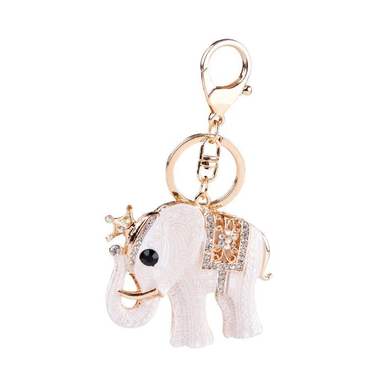 

Gold Color Elephant Charm Penadnt Key Rings Chain Holder White Enamel Crystal Luck King Keychains For Women Handbag