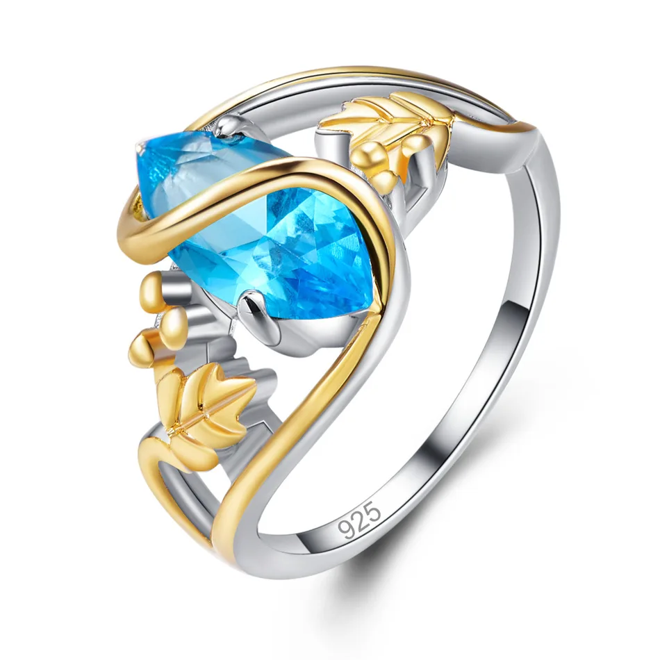

Gold Leaves Blue Crystal Zircon Engagement finger Rings for Women Silver Bohemia Wedding band Ring Boho Gothic Fashion Jewelry
