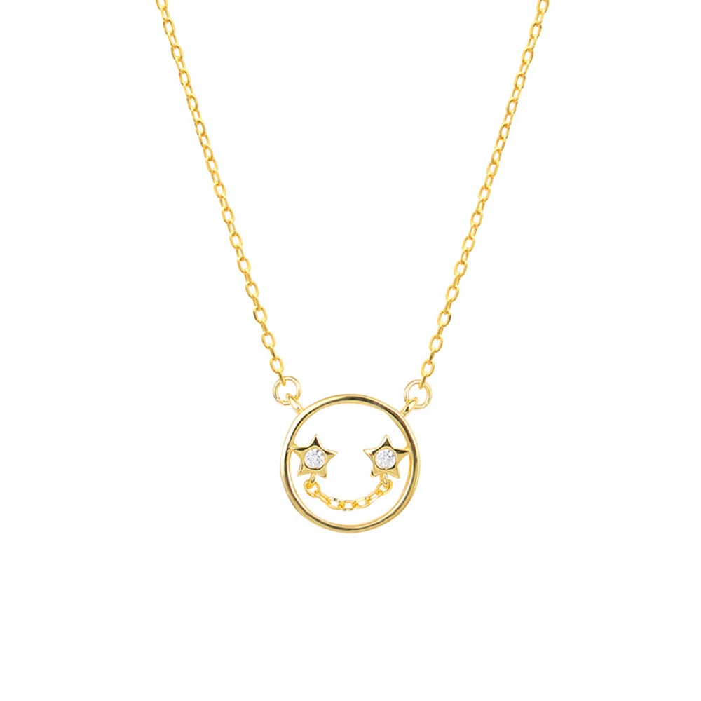 

LEVEN FANCY 925 Sterling Silver Hollow Happy Charm Star Smile Face Symbol Emoji Necklace Birthday Gifts With Clear Zircon Stones