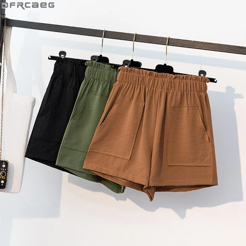 

Casual Green Black Womens Shorts Summer Loose Wide Leg Short Pants Women Elastic High Waist Short Femme Vintage Cargo Shorts
