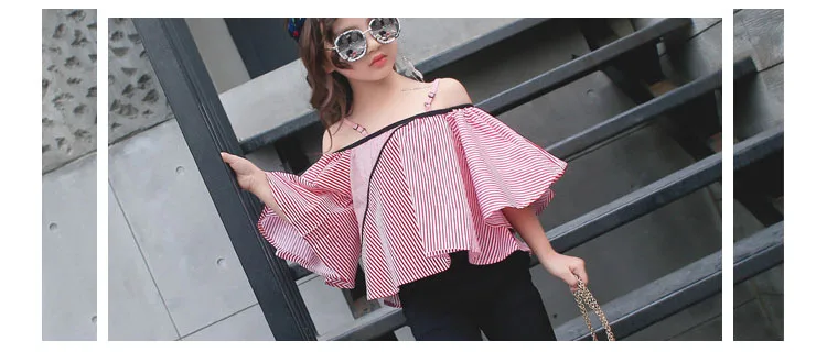 big girl summer shirt petal sleeve off shoulder black red striped blouse for girls toddler children clothing 2018 new tops clothes (13)