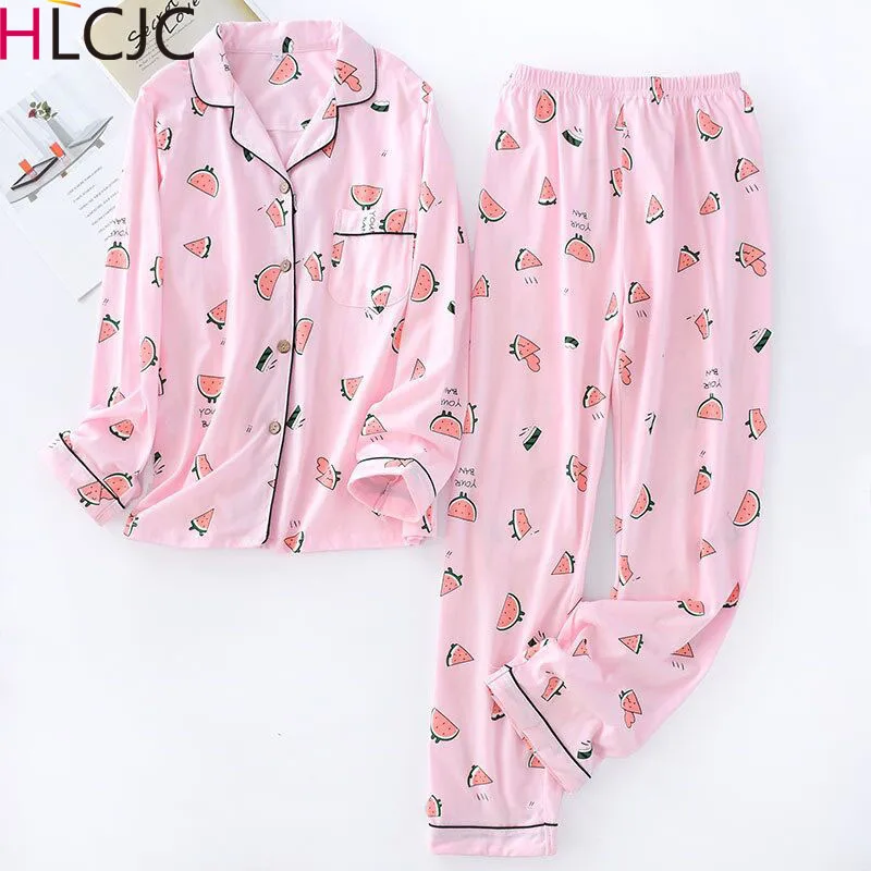 

Pajamas Women's Spring Autumn 2019 New Cotton Long Sleeve Sleep Wear Korean Pyjama Femme Cute Casual Pink Watermelon Homewear