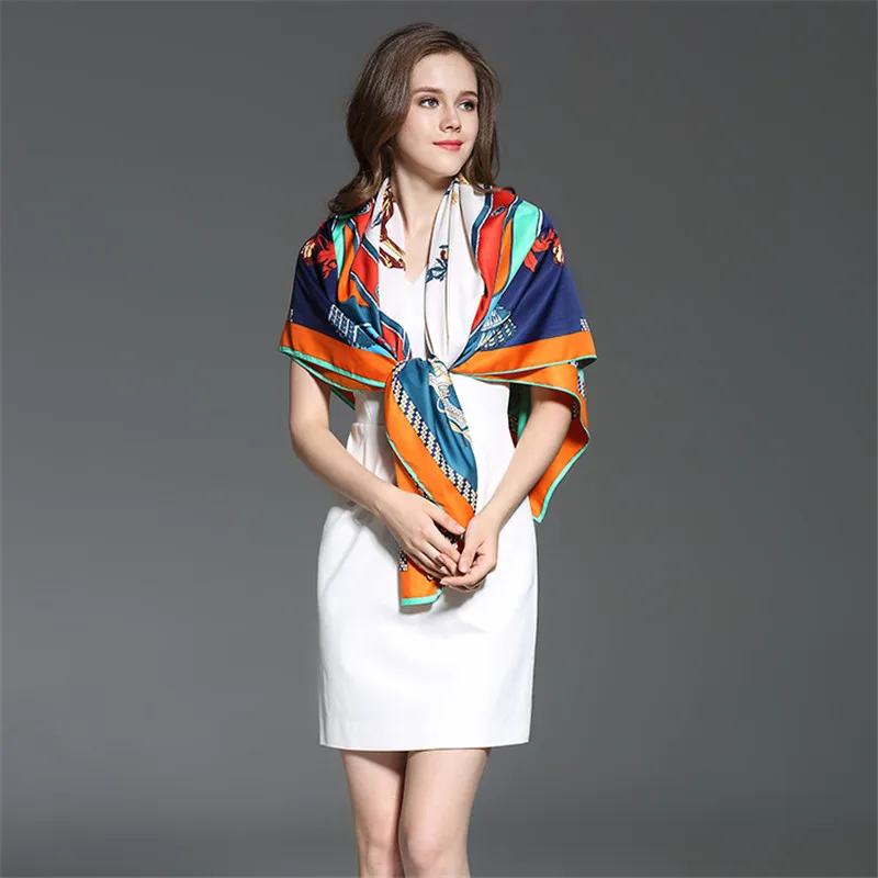 Classic Women Fashion Key Print Hijab Scarf Twill Beach Square Shawl 130*130cm