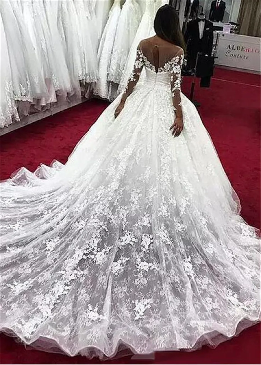 

Long Fantastic Tulle Lace Scoop Neckline Ball Gown Beaded Lace Appliques Sleeves Boho Wedding Dress Gown Sofuge Vestido De Noiva