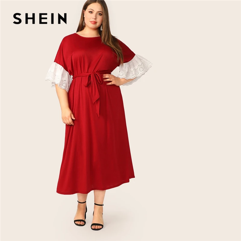 

SHEIN Plus Size Abaya Burgundy Contrast Embroidery Eyelet Cuff Belted Maxi Dress Women Spring Summer Office Lady Elegant Dresses