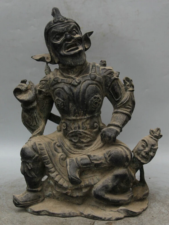 

USPS to USA S2171 14" Old Chinese Bronze Seat Devil exorcism Protector Deity warrior knight Statue B0401