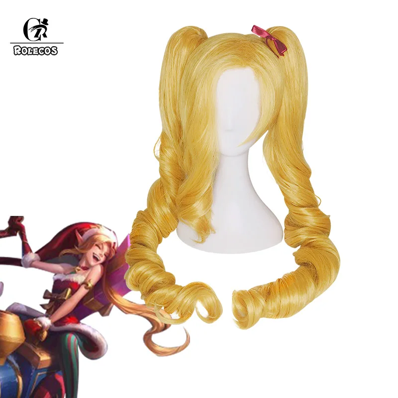 

ROLECOS Jinx LOL Cosplay Christmas Rascal Jinx Synthetic Hair Cospaly Headwear Long Blonde Wave Synthetic Hair 100cm