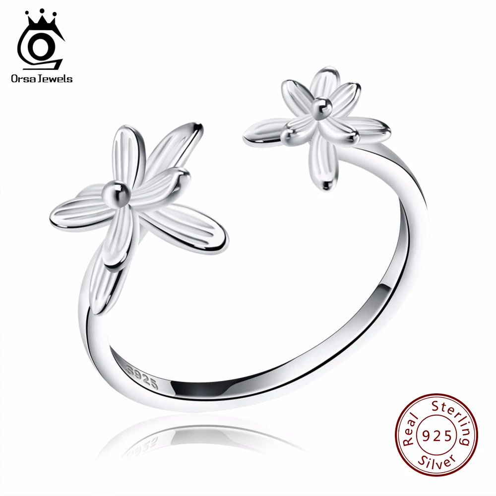 ORSA JEWELS Solid 925 Sterling Silver Rings Adjustable Cute Flower Design Jewelry Summer Gift for Women SR11