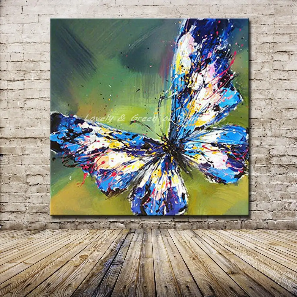 Handmade Abstract Adorable Blue Butterfly Art Oil Painting On Canvas