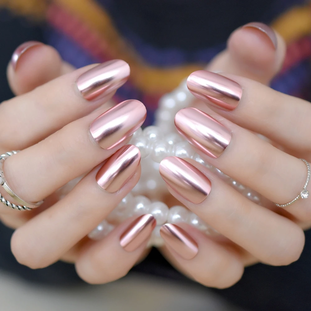 Матовые Металлические Типсы для дизайна ногтей светильник розовый металлик зеркало предварительно разработанные поддельные ногти Фея овальные красивые блестящие дамские ногти