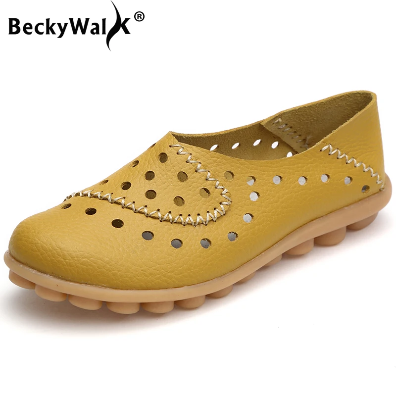 

BeckyWalk Spring Women Flats Shoes Breathable Genuine Leather Shoes Women Holes Loafers Slip On Woman Ballet Flats WSH2844