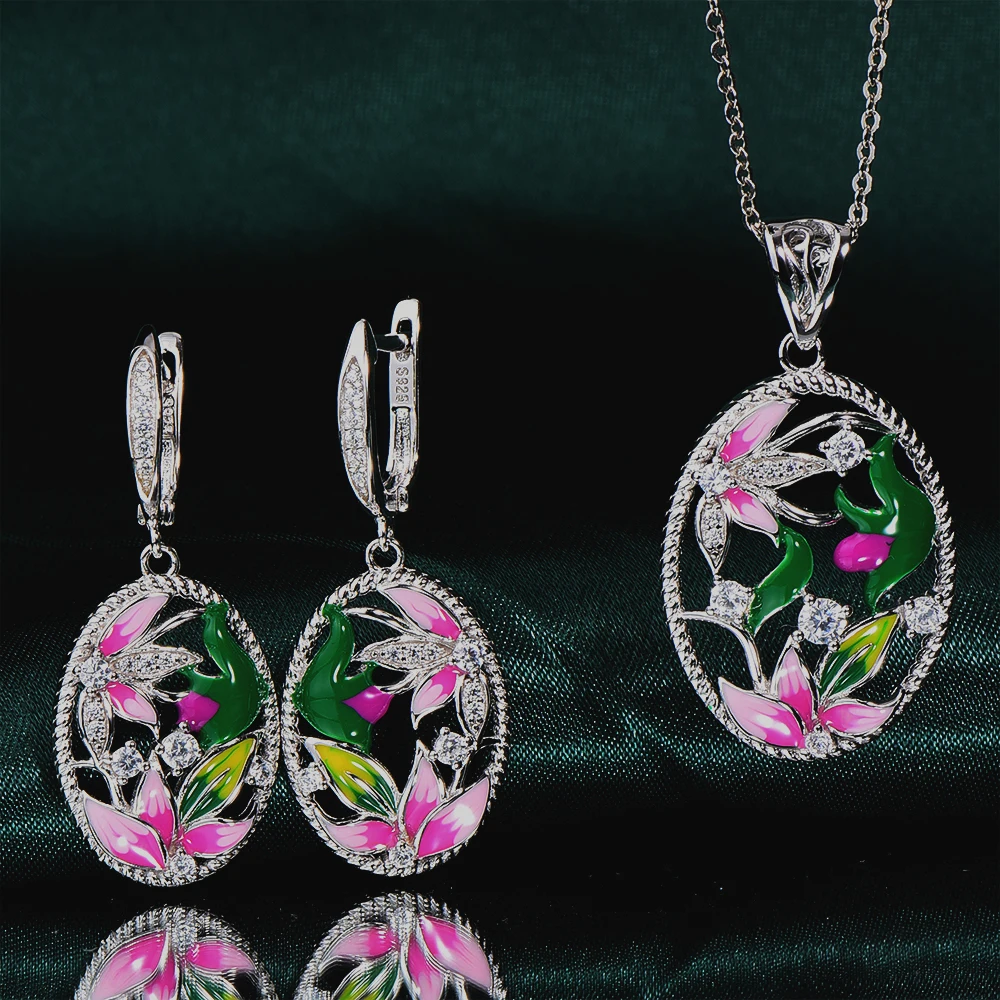 RainMarch Flower Enamel Silver Drop Earrings Pendant Jewelry Sets Women Bridal Jewelry Set 925 Silver Jewellry Sets Wholesale (2)