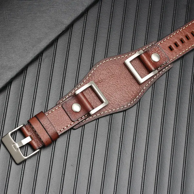 Vintage Style Genuine Leather 24mm Men's Watchband - High Quality Retro Brown/Black Bracelet
