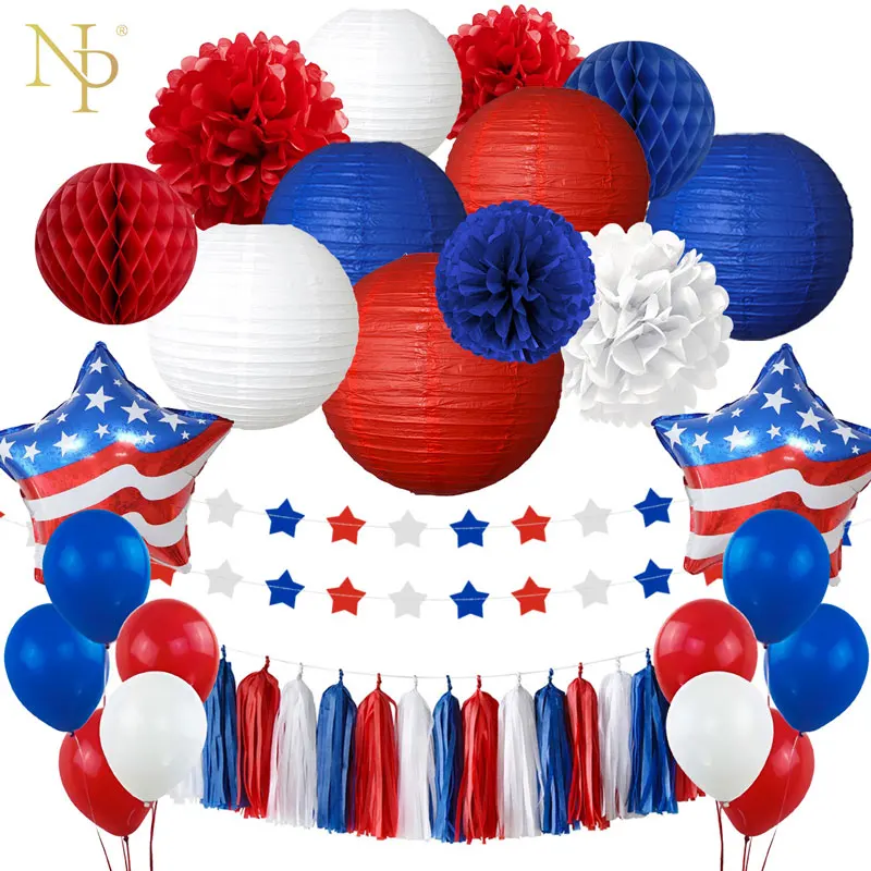 

Nicro 40 pcs/setAmerican Independence Day US USA Paper Lanterns Flowers Pompom BalloonsNew 2019 Party Decoration #Set88