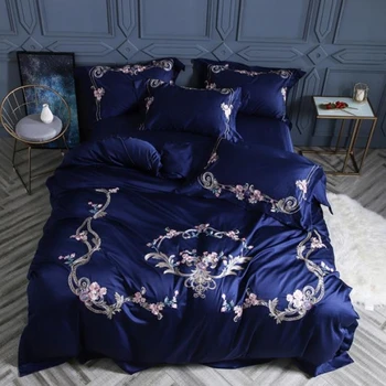 

2018 Blue Luxury Satin bedding sets Embroidery bed set double queen king size duvet cover bed sheet set pillowcase