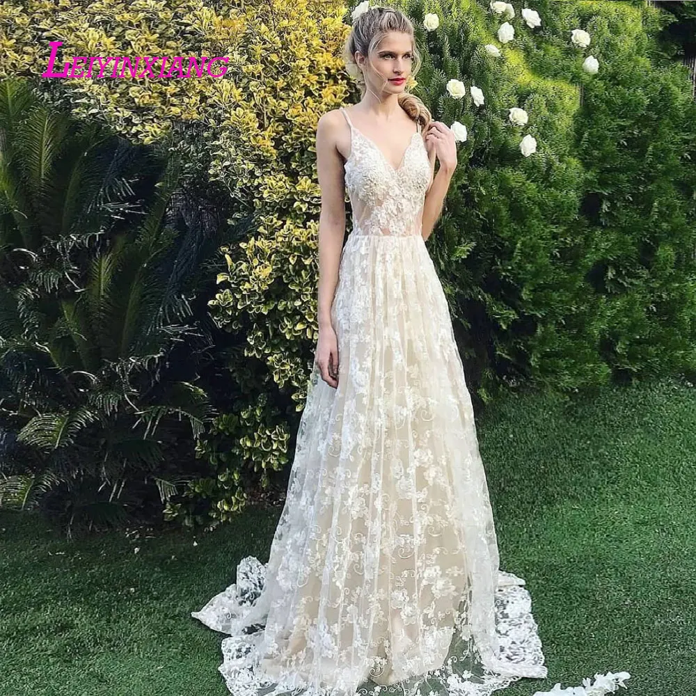 

LEIYINXIANG Bride Dress Wedding Dress Vestido De Noiva Sereia Robe Backless SexyA-Line Lace Appliques Beading Elegant V-Neck