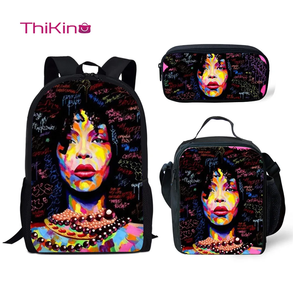 

Thikin Children 3D African American Girl Art School Bag Set for Boys Girls 3D Teenagers Primary Travel Backpack Kids Book Bags