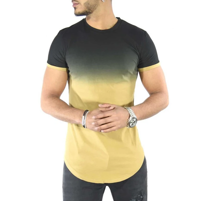

2019 Hit Color O-Neck Men Casual T Shirt Gradient Color Elastic Slim Short Sleeve Summer Fashion Curved Hem Male Streetwear Tops
