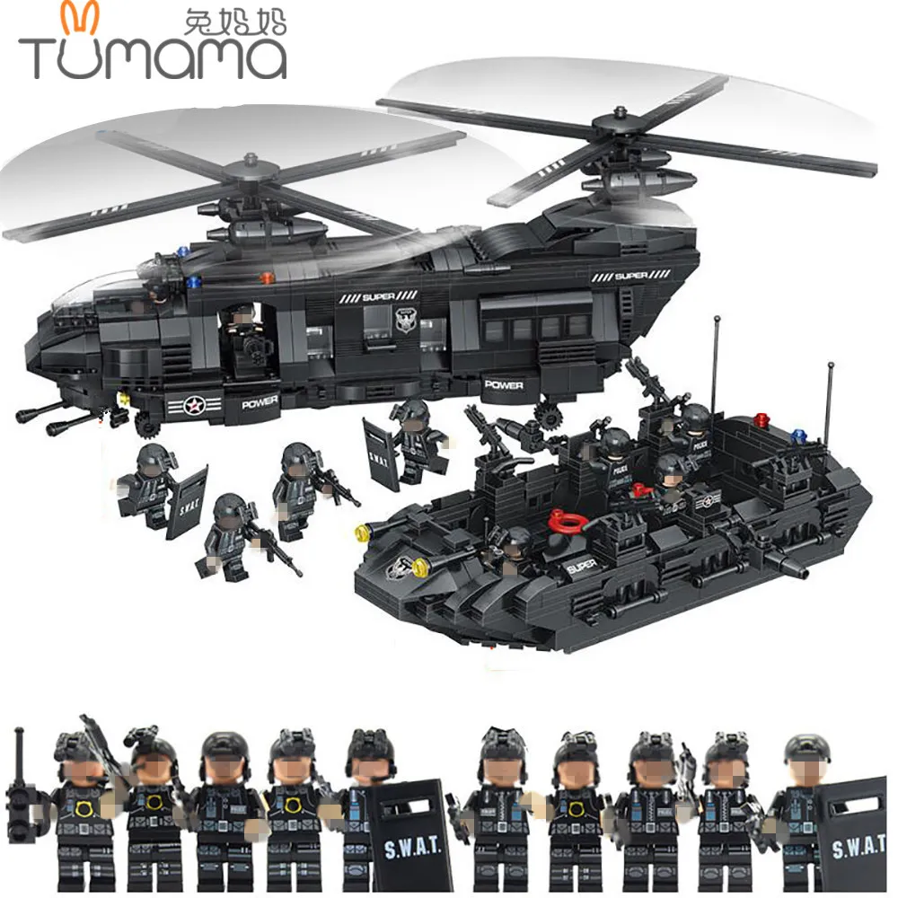 

Tumama 1351pcs Military Building Blocks Sets SWAT Team Transport Helicopter Compatible Legoed Wars Enlighten City Police Bricks