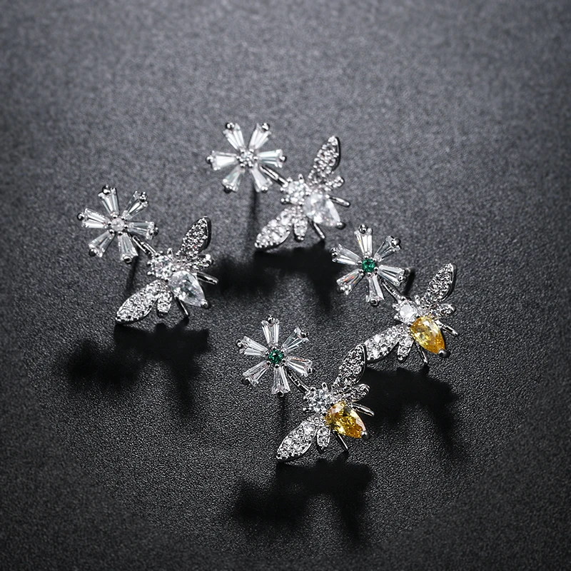 MIEG брендовые серьги-гвоздики с фианитами и кристаллами в виде пчелы и цветка для женщин, золотистый/серебристый цвет