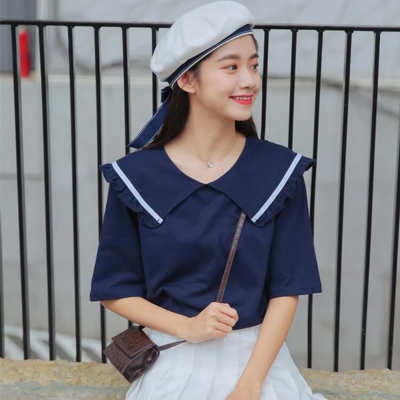 

2019 New Preppy Style Cute Sailor Collar Short Sleeve T Shirt Women Summer Casual Tees Tops Korean Harajuku Tshirt Woman