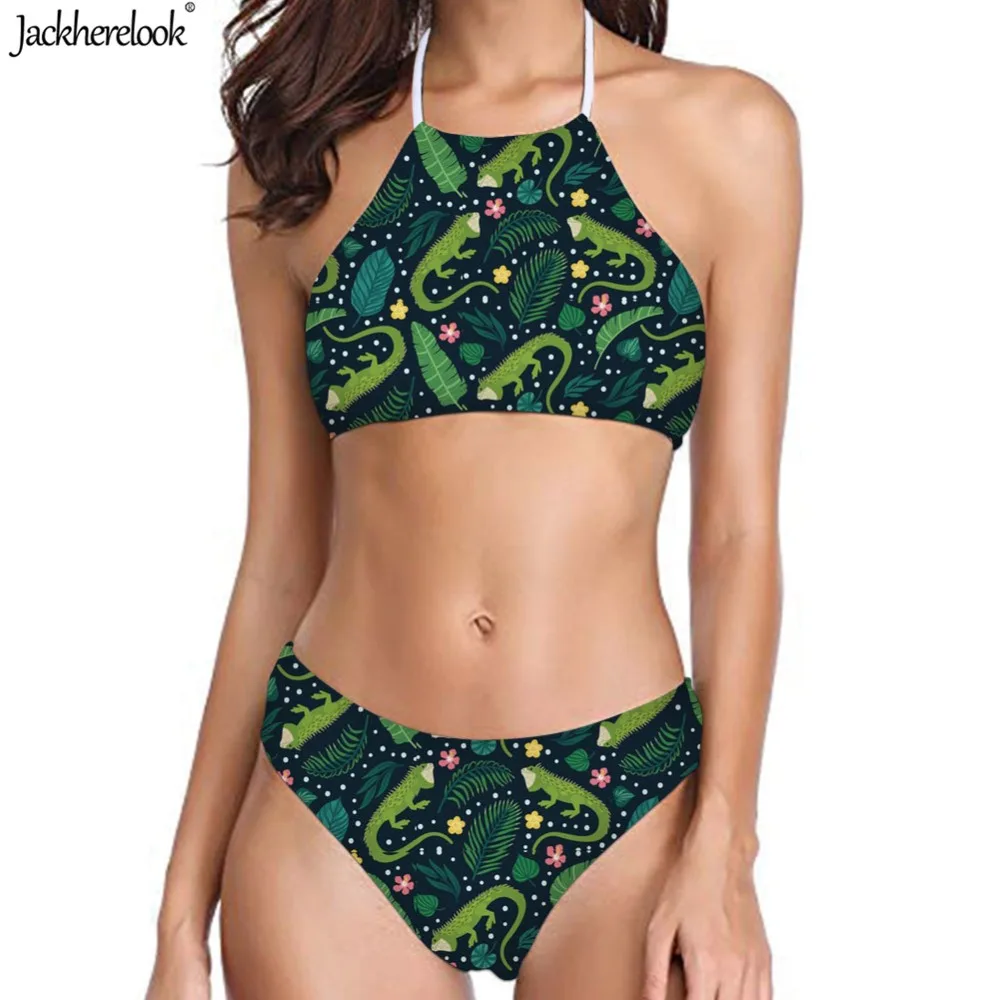 

Jackherelook Iguana Party 3D Pattern Green Swimsuits Women Halter Bandage Swimwear Sexy Female Push Up Off Shoulder Bikinis Set