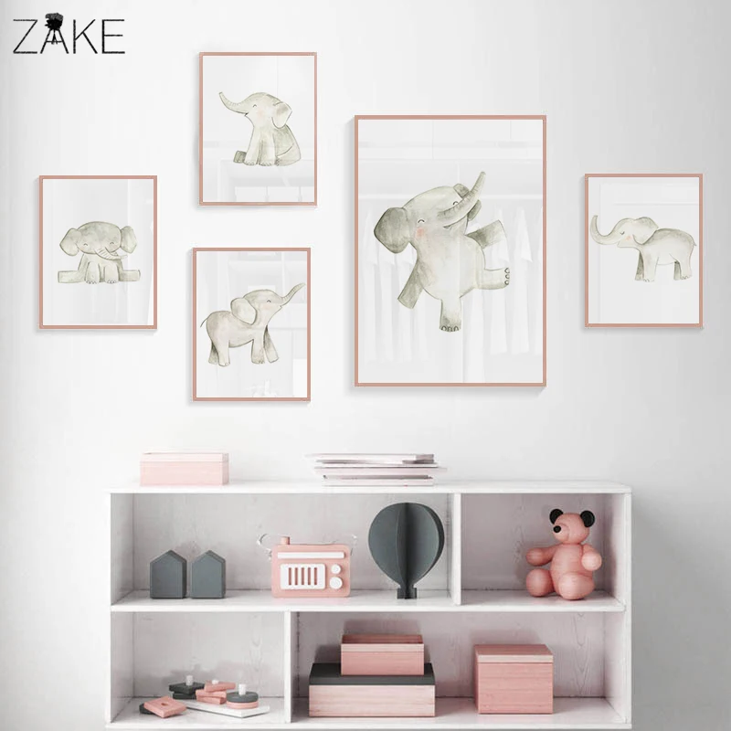 

Nordic Watercolor Nursery Elephant Canvas Print Cute Scandinavian Painting Wall Picture Poster Baby Room Wall Decor