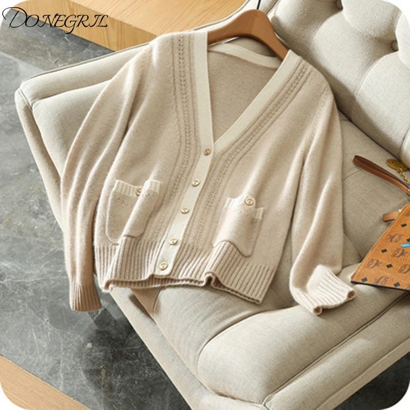 

2019 spring autumn new high quality cashmere knit cardigan female V-neck short thin large size coat wool knit wild shirt