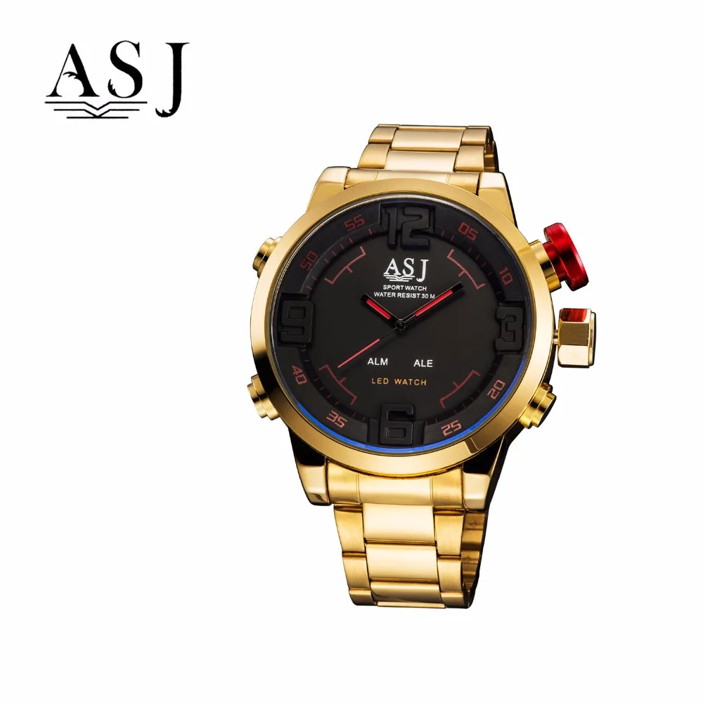 

ASJ Men's Military Watches Men Luxury Gold Steel Strap Quartz Watch LED Display Sports Wristwatches 50M Waterproof
