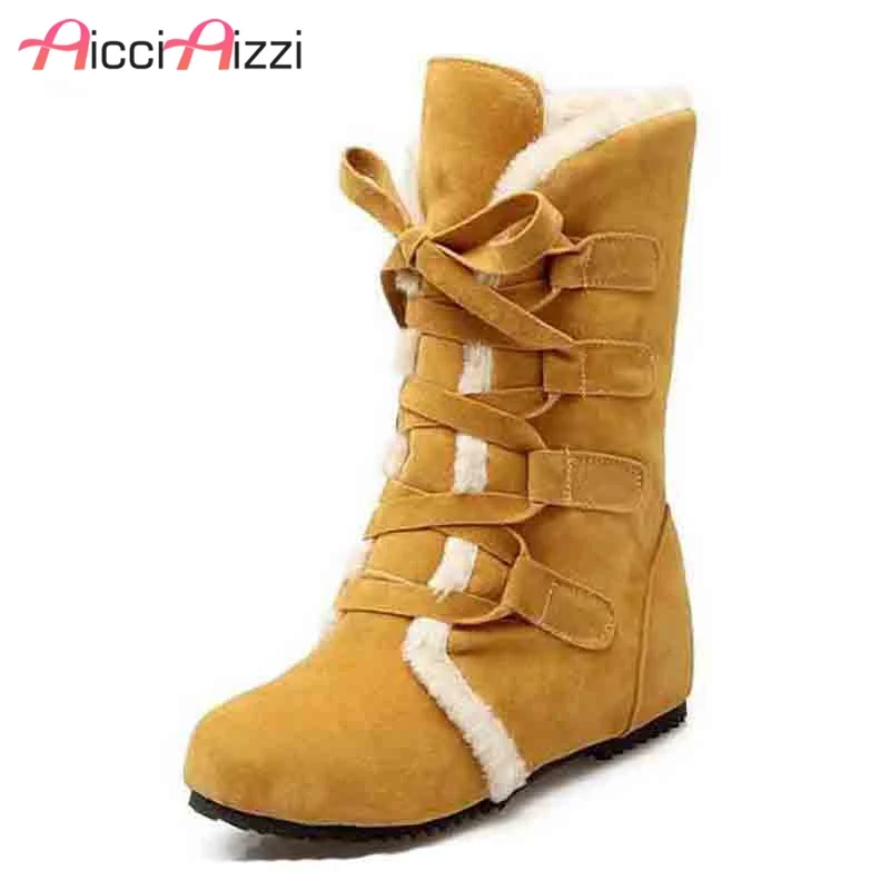 

Size 30-52 Russia Women Round Toe Height Increasing Mid Calf Boots Woman Cross Strap Warm Fur Winter Half Shoes Footwear